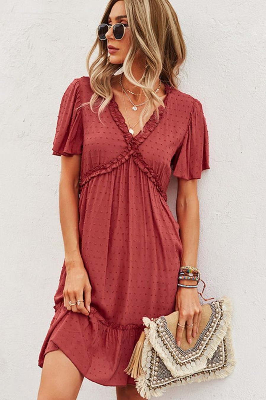 Women Beachsissi Solid Dress | Solid Color V Neck High Waist Casual Dress Firebrick