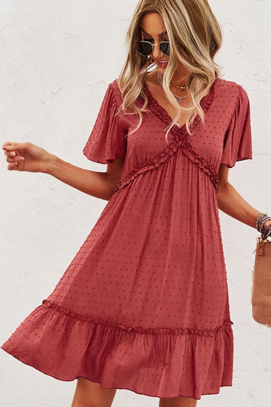 Women Beachsissi Solid Dress | Solid Color V Neck High Waist Casual Dress Firebrick