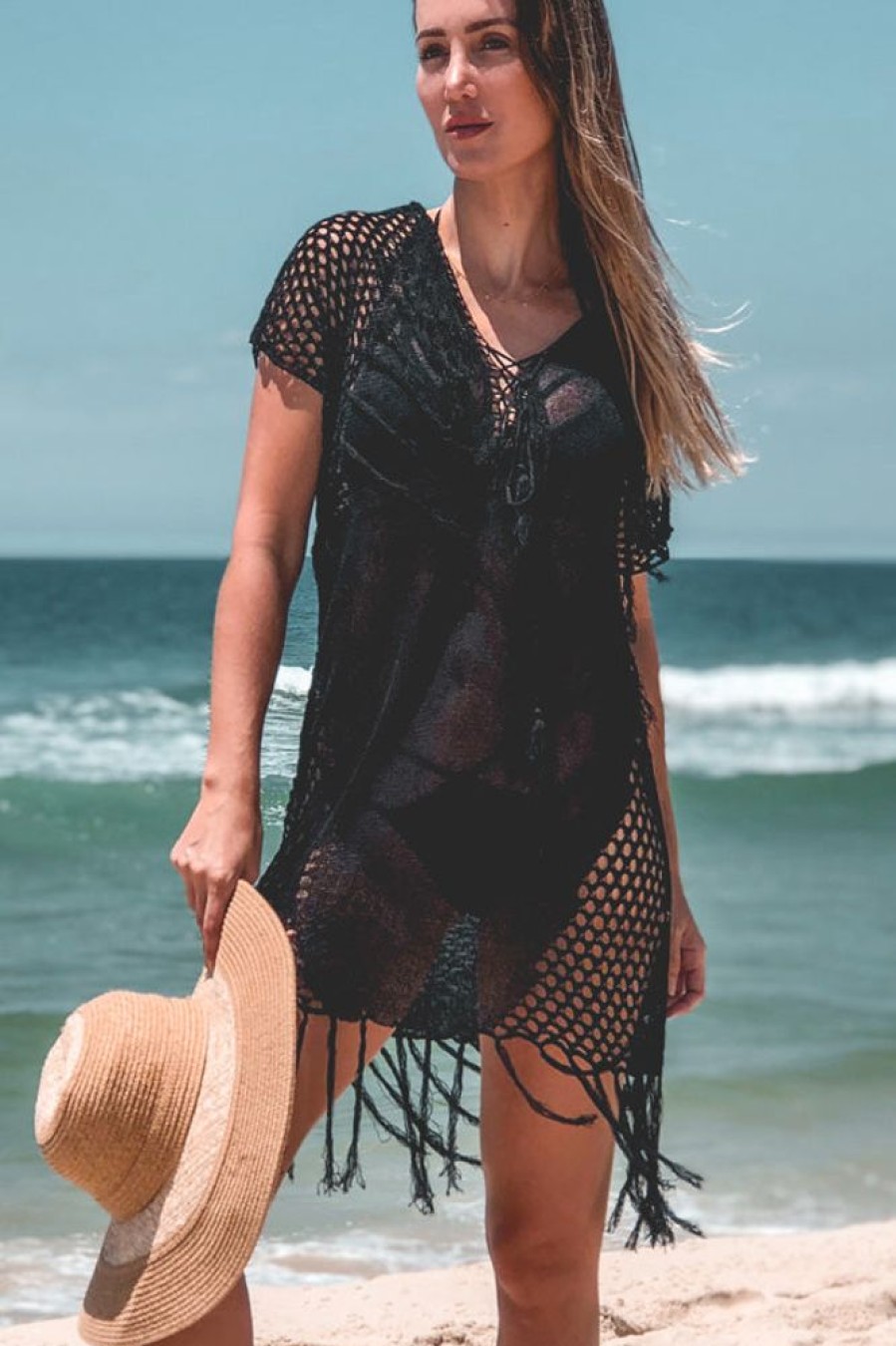 Women Beachsissi Cover Ups | V Nexk Tassel Hollow Swimwear Cover Up Black