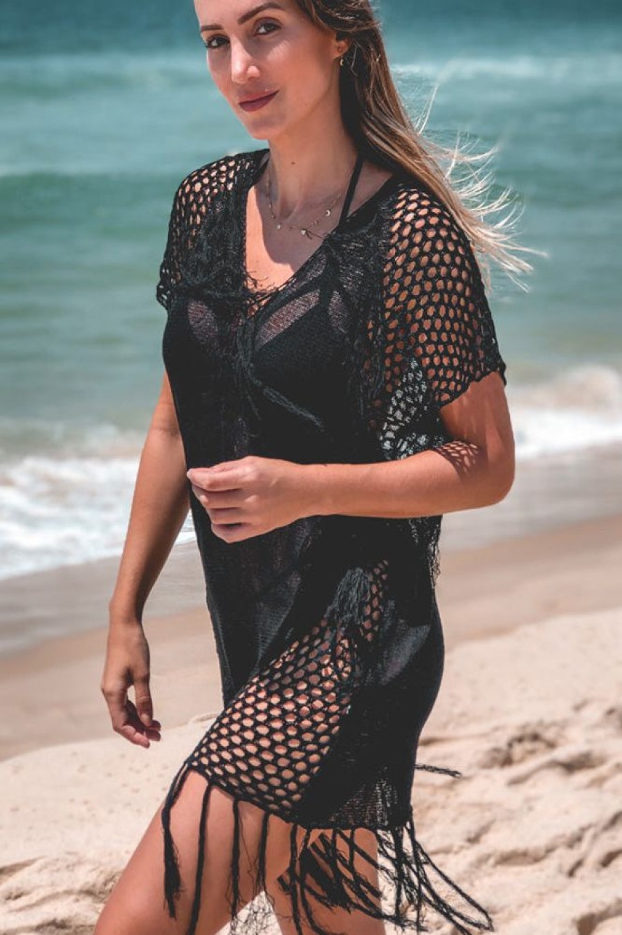 Women Beachsissi Cover Ups | V Nexk Tassel Hollow Swimwear Cover Up Black