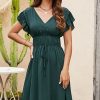 Women Beachsissi Solid Dress | Solid Color V Neck Ruched Casual Dress Darkslategray