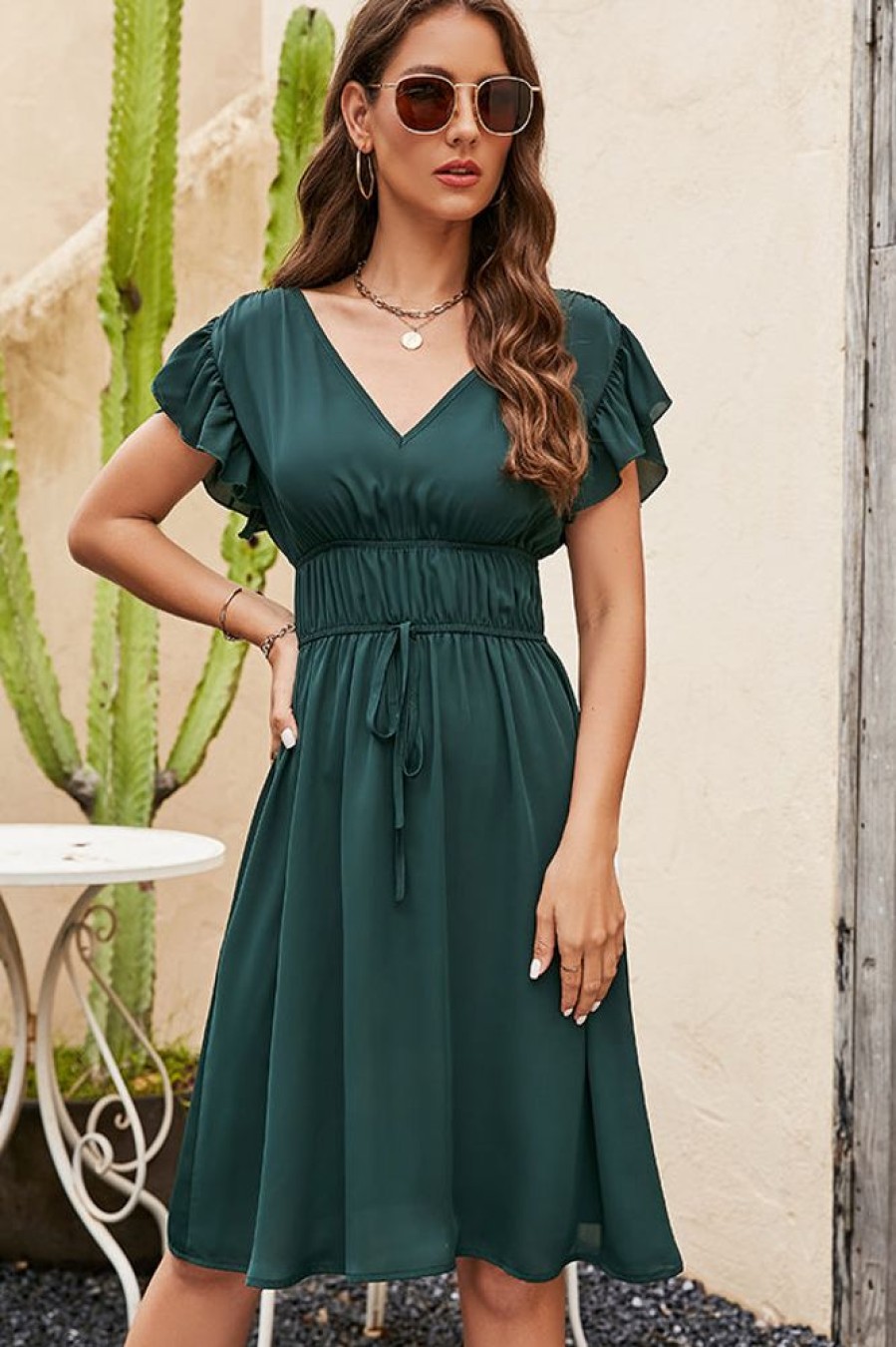 Women Beachsissi Solid Dress | Solid Color V Neck Ruched Casual Dress Darkslategray