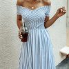 Women Beachsissi Printed Dress | Smocked Chest Bardot Stripe Print Mini Dress Lightskyblue