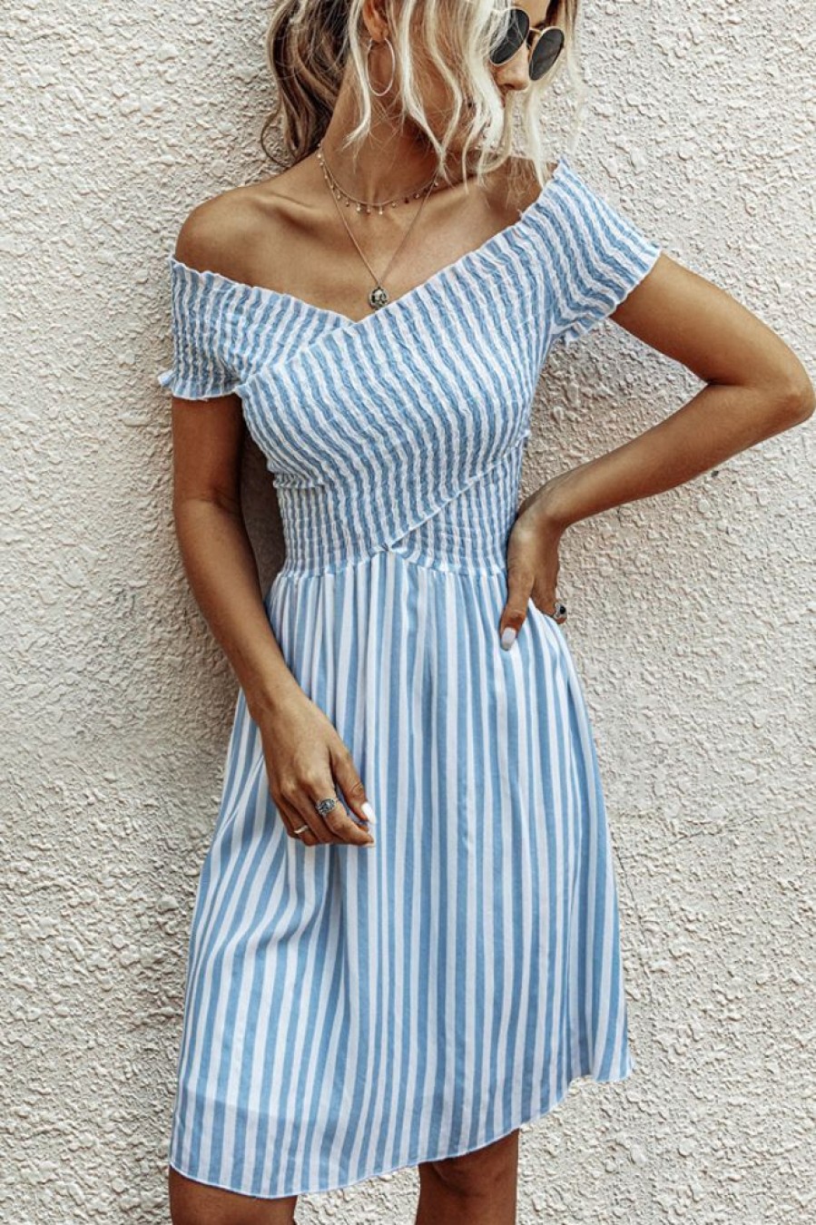 Women Beachsissi Printed Dress | Smocked Chest Bardot Stripe Print Mini Dress Lightskyblue