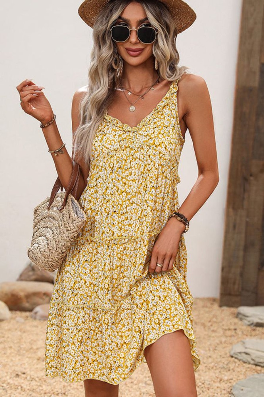 Women Beachsissi Casual Dress | Floral Print V Neck Frill Casual Mini Dress Yellow