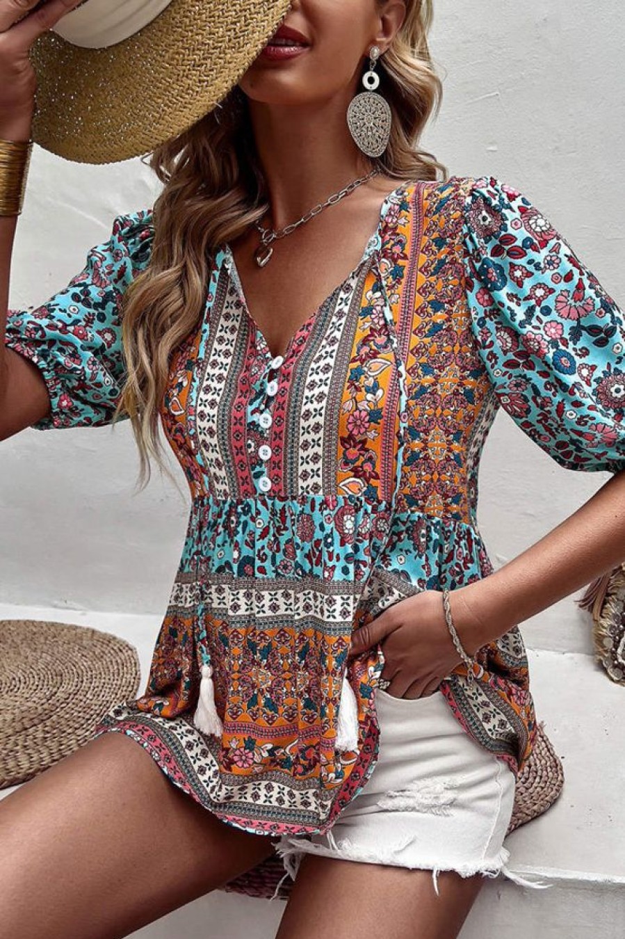 Women Beachsissi | Bohemian Floral Short Sleeve Casual Tops Skyblue