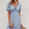 Women Beachsissi Solid Dress | Fashion Solid Color Frill V Neck Casual Dress Skyblue