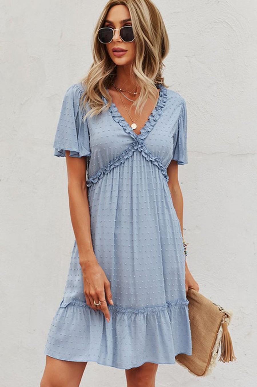 Women Beachsissi Solid Dress | Fashion Solid Color Frill V Neck Casual Dress Skyblue