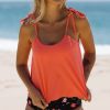 Women Beachsissi Tankini | Tie Shoulder Floral Print Ruched Tankini Set Tomato