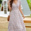 Women Beachsissi Printed Dress | V Neck Floral Print Short Sleeve Maxi Dress Deepskyblue